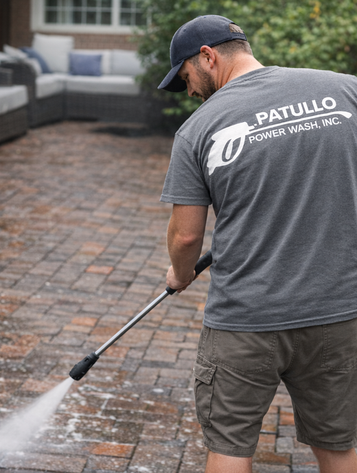 A worker using a power washer on a paver patio, removing dirt and grime.