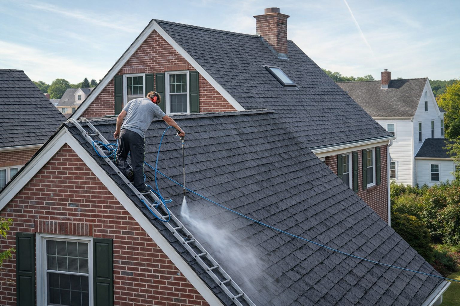 A worker power washing a roof with a ladder and equipment, removing dirt and debris.